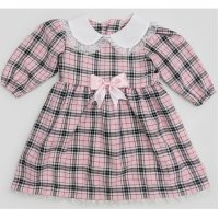 KWD05: Baby Girls Pink Tartan Bow Dress With Lace Trim & Lining (0-4 years, Made in UK)